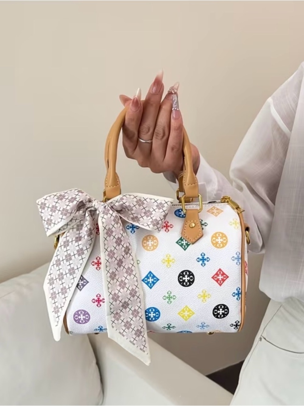 White Multicolor Pattern Mini Satchel with Tan Handles & Crossbody Strap - Picture 2 of 6